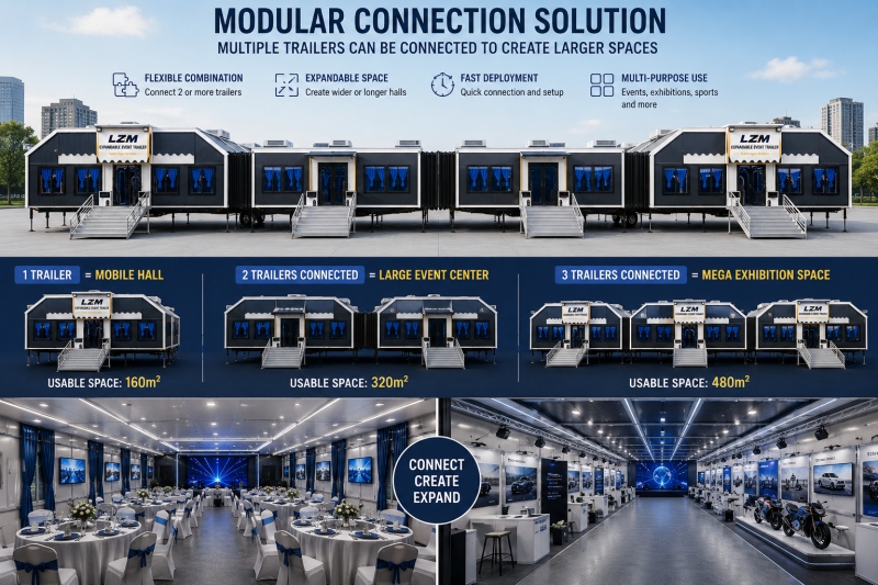 Two expandable event trailers connected together to create a larger event hall.jpg Two expandable event trailers connected together to create a larger event hall.jpg